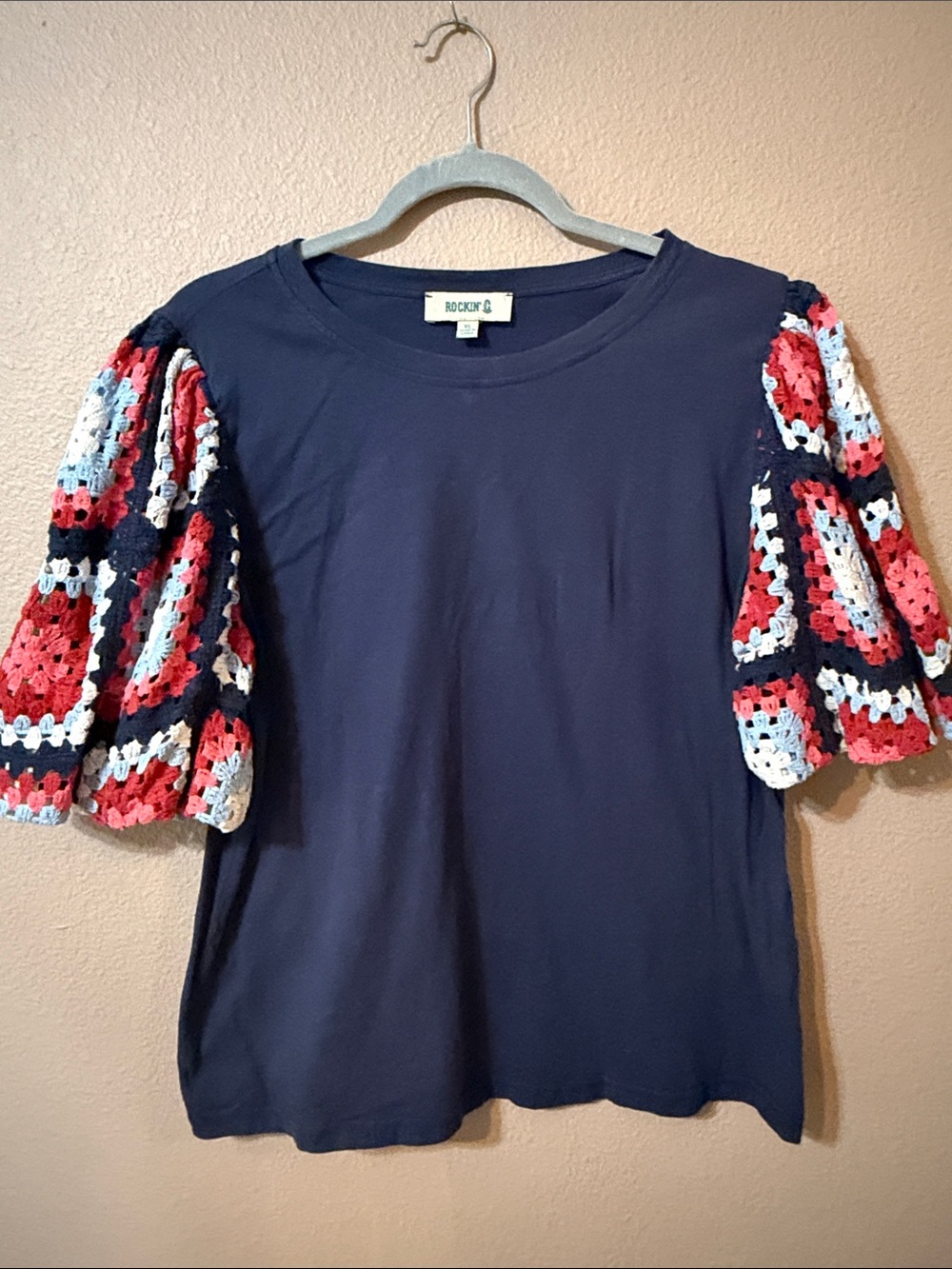 Rockin' J Navy Top with Multicolor Crochet Puff Sleeves